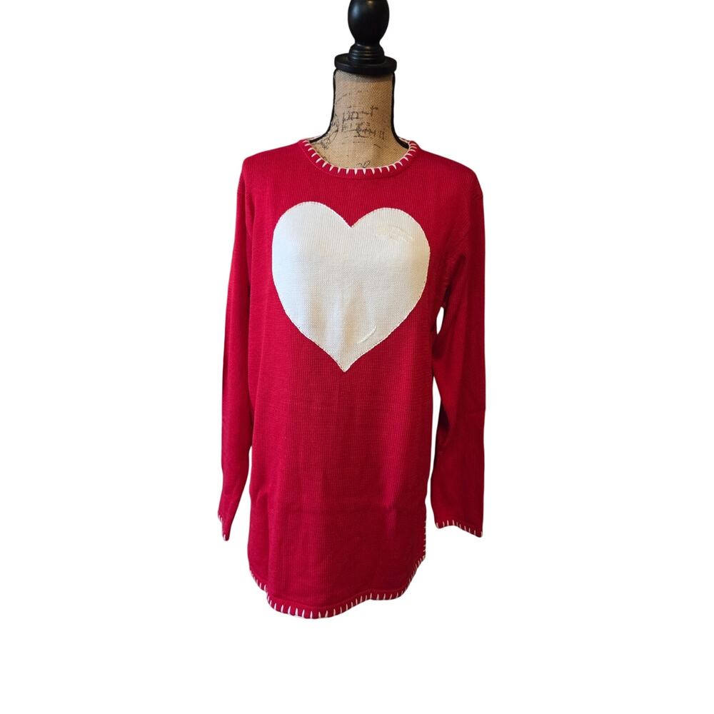 Vtg Quacker factory knit heart crew neck sweater cotton blend red M